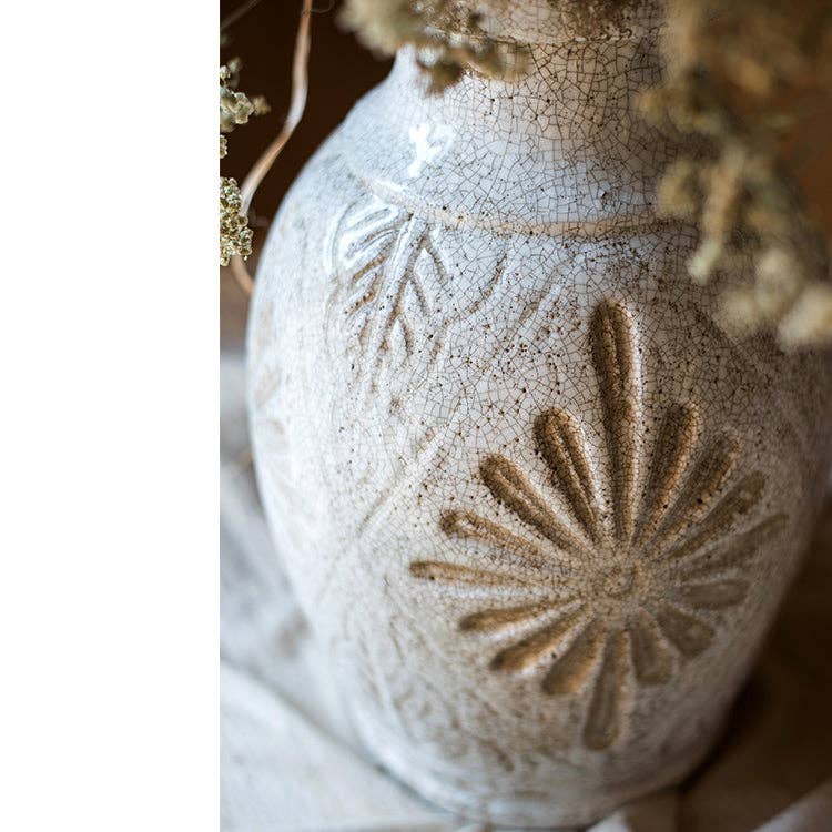 Carved Floral Vase in White - HER Home Design Boutique