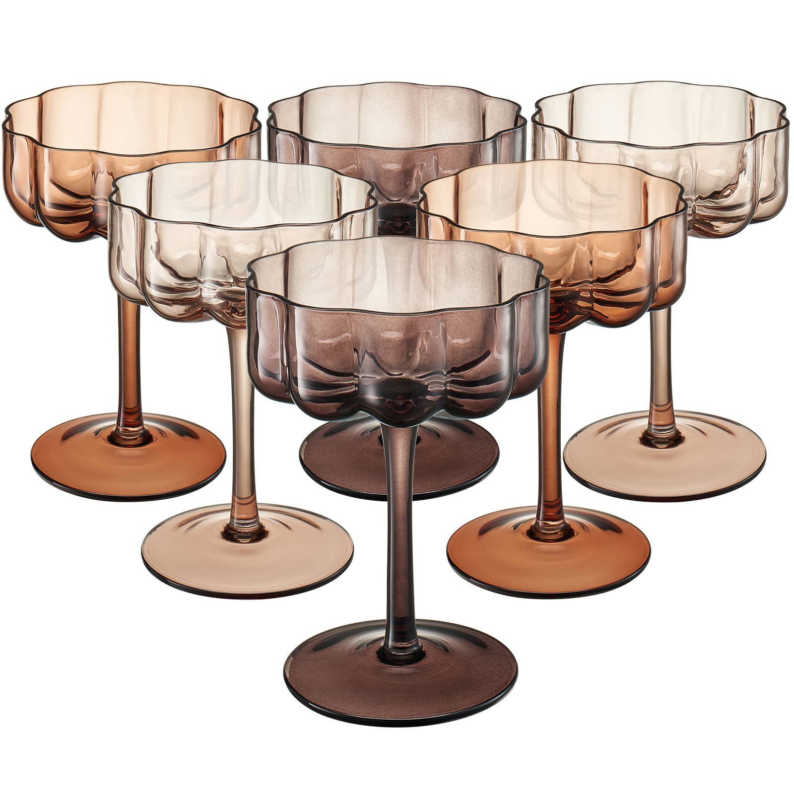 Flower Vintage Glass Champagne Coupe, 7oz, 6 Set Venus Brown - HER Home Design Boutique