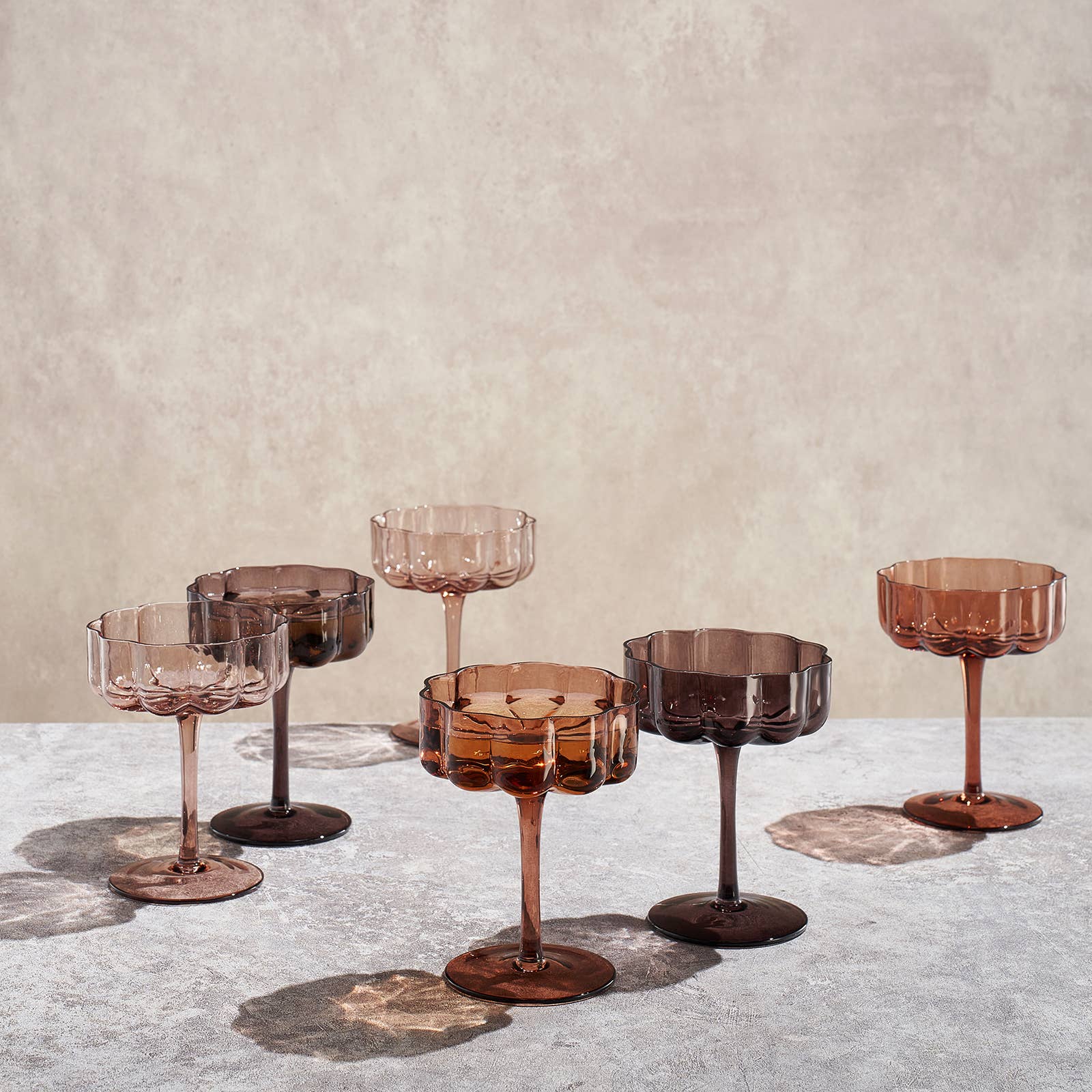 Flower Vintage Glass Champagne Coupe, 7oz, 6 Set Venus Brown - HER Home Design Boutique