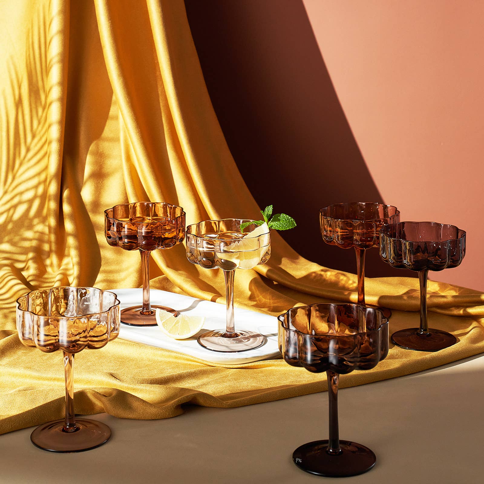 Flower Vintage Glass Champagne Coupe, 7oz, 6 Set Venus Brown - HER Home Design Boutique