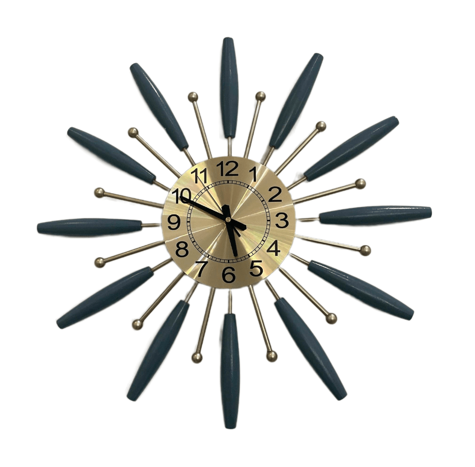 Mid Century Modern Blue and Gold Sunburst Clock - HER Home Design Boutique