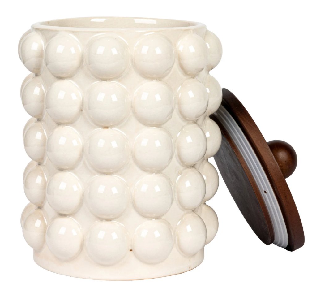 Stoneware Canister w/ Raised Dots & Acacia Wood Lid & Natural - HER Home Design Boutique