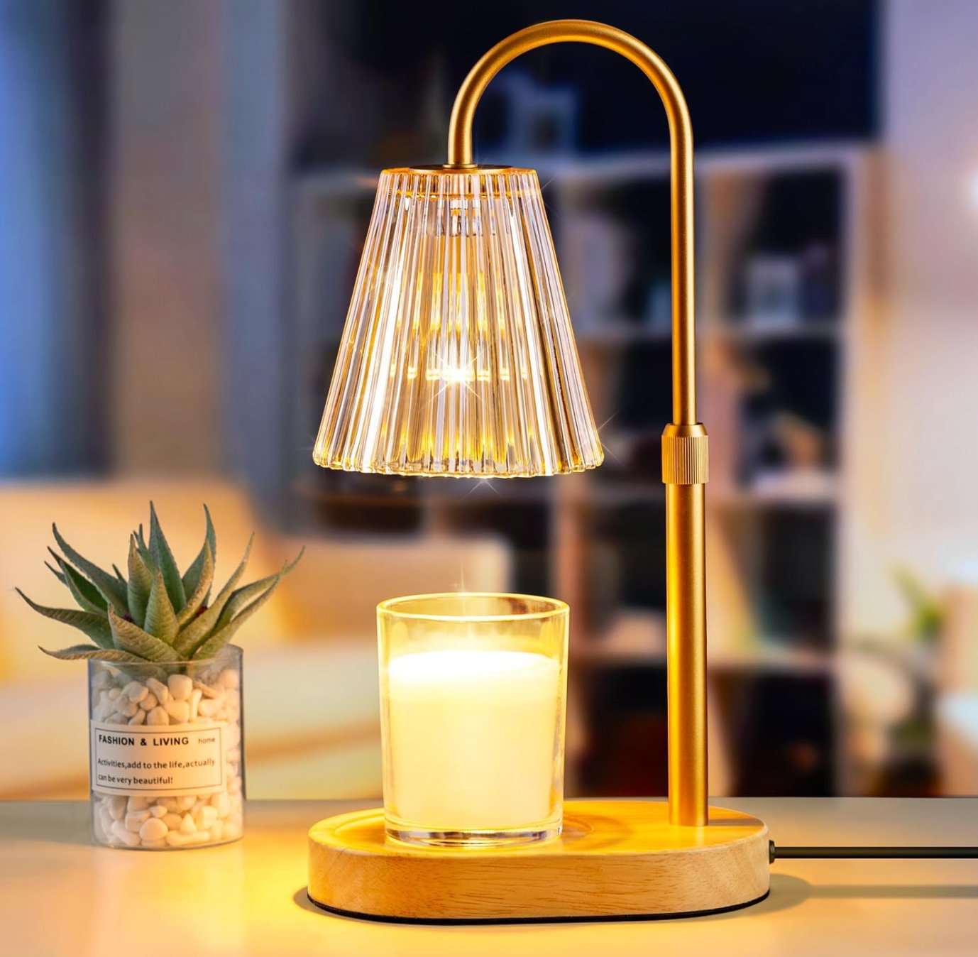 Transitional Candle Warmer Lamp in Gold with Ribbed Cone Glass Shade - HER Home Design Boutique