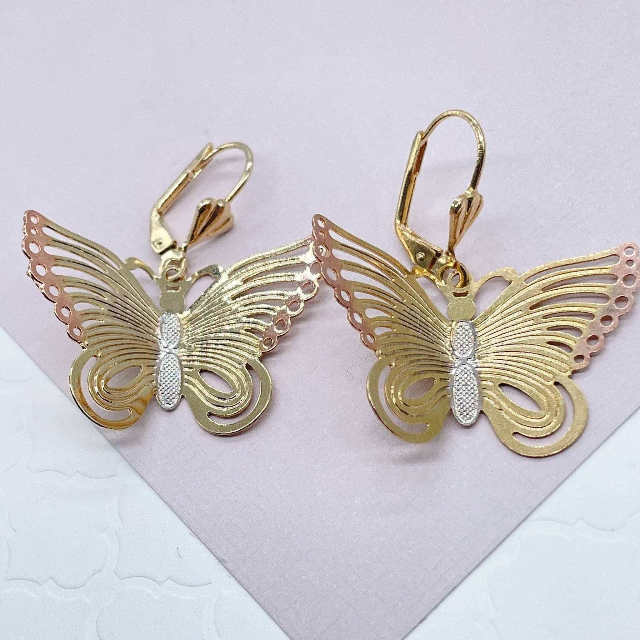 18k Gold Filled Tri-Color Butterfly Dangling Earrings - HER Home Design Boutique