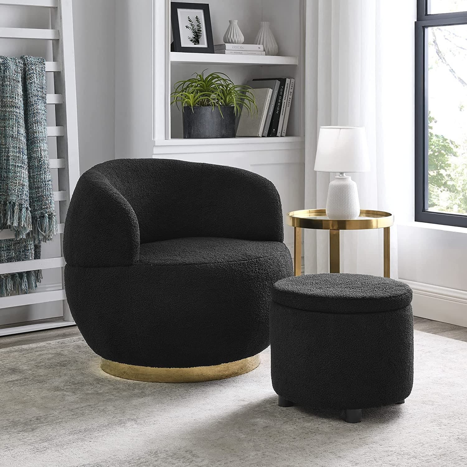 360-Degree Swivel Barrel Chair with Storage Ottoman in Black and Gold - HER Home Design Boutique