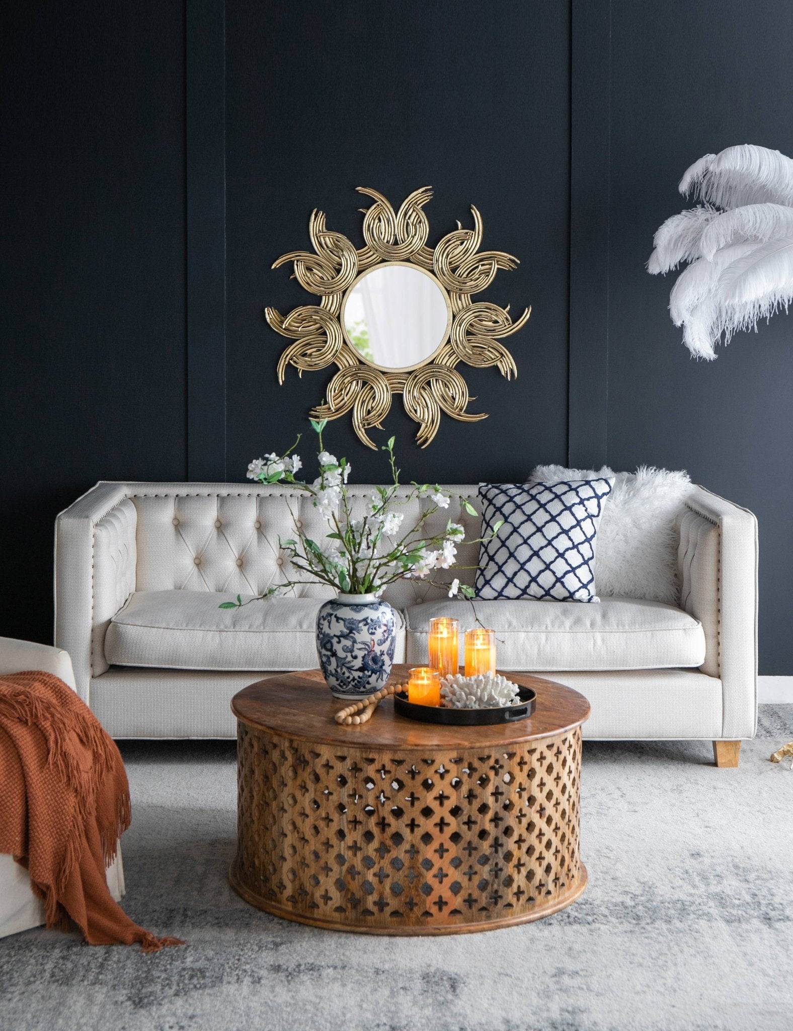 38" Sunburst Metal Decorative Mirror with Gold Finish, Boho: Gold / Iron - HER Home Design Boutique