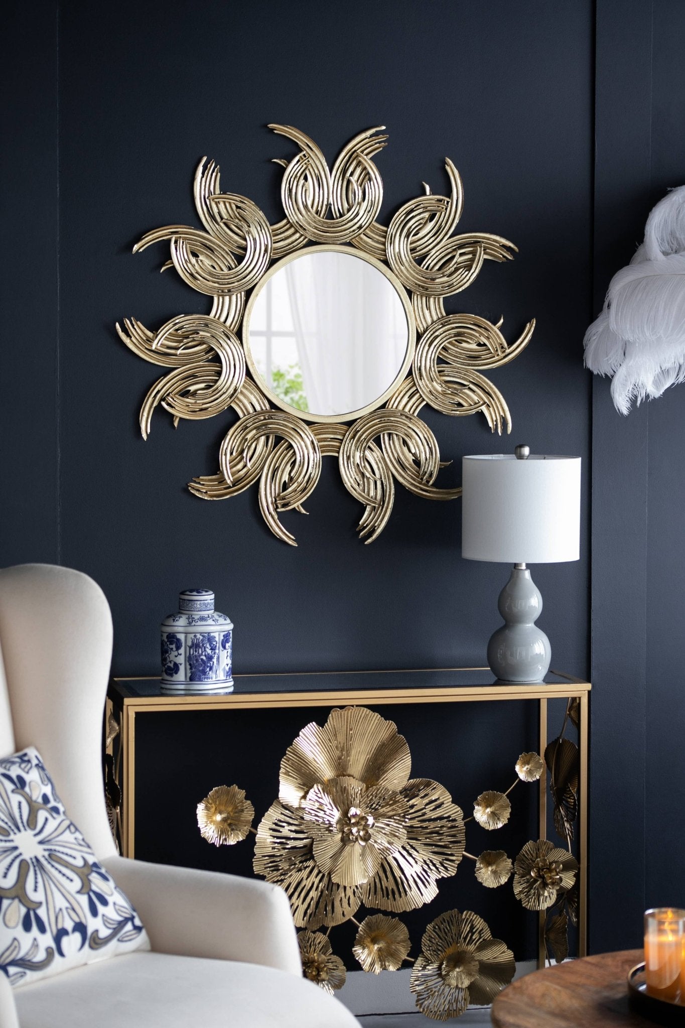 38" Sunburst Metal Decorative Mirror with Gold Finish, Boho: Gold / Iron - HER Home Design Boutique