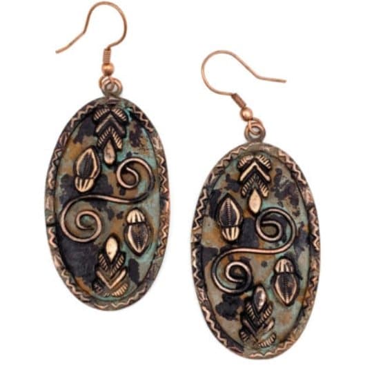 Anju Copper Patina Earrings - Double Spiral and Leaves in Oval - HER Home Design Boutique