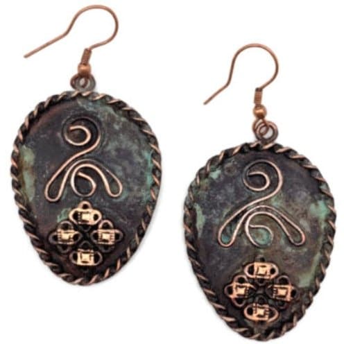 Anju Copper Patina Earrings - Filigree And Curly Line in Teardrop - HER Home Design Boutique