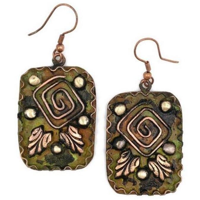 Anju Copper Patina Earrings - Square Spiral in Green Rectangles - HER Home Design Boutique
