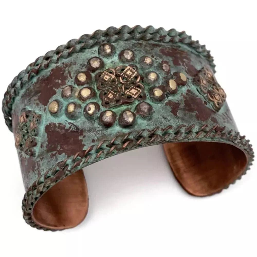 Anju Diamond Shaped Rivets and Filigree Center Aqua Patina Cuff - HER Home Design Boutique