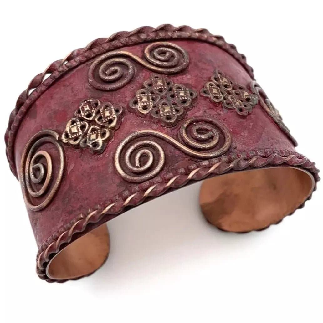 Anju Filigree and Double Spirals Burgundy Copper Patina Cuff - HER Home Design Boutique