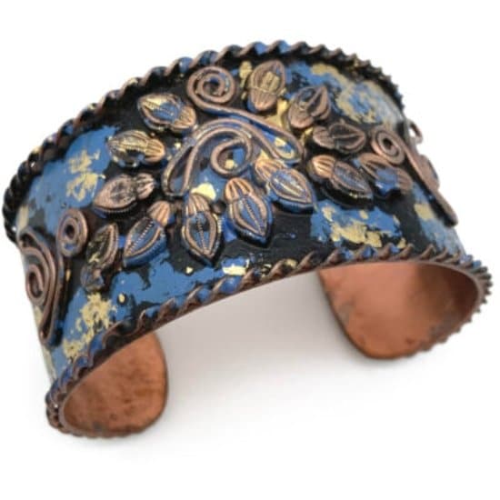 Anju Filigree Leaves and Curly Lines Blue and Gold Patina Cuff - HER Home Design Boutique