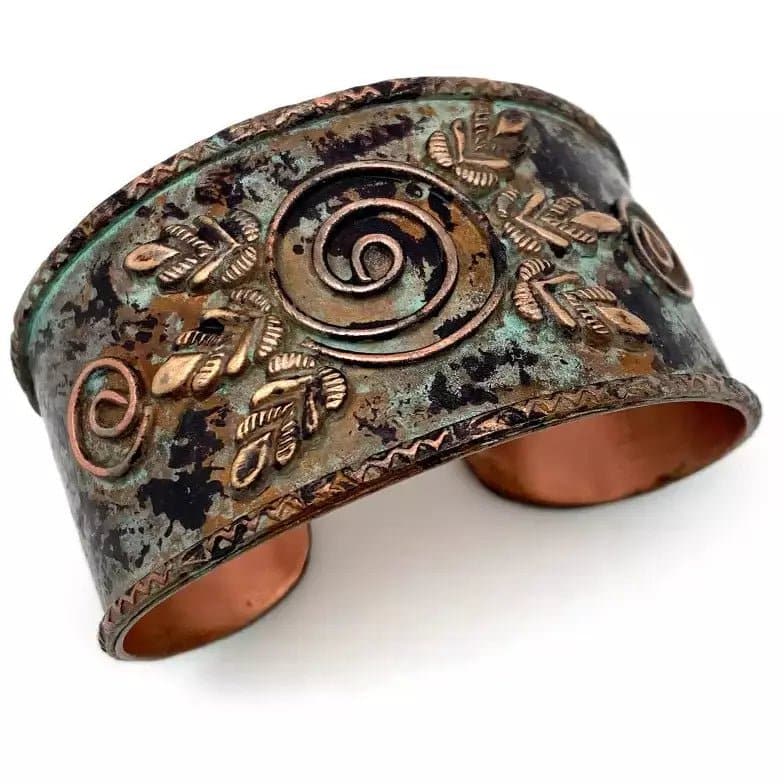Anju Leaf Shapes and Spirals Turquoise Copper Patina Cuff - HER Home Design Boutique