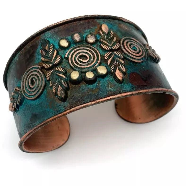 Anju Mirrored Leaves and Spirals Teal Copper Patina Cuff - HER Home Design Boutique