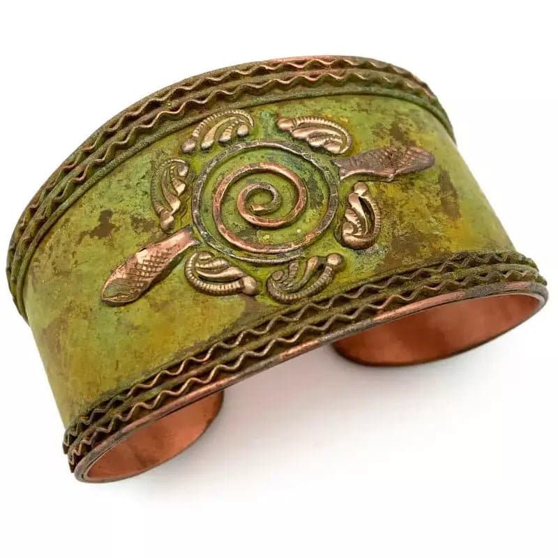 Anju Ornate Shapes and Center Spiral Green Copper Patina Cuff - HER Home Design Boutique