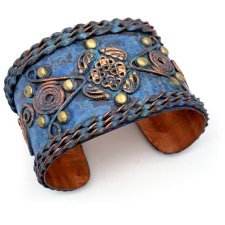 Anju Rivets and Filigree Shapes Blue Copper Patina Cuff - HER Home Design Boutique