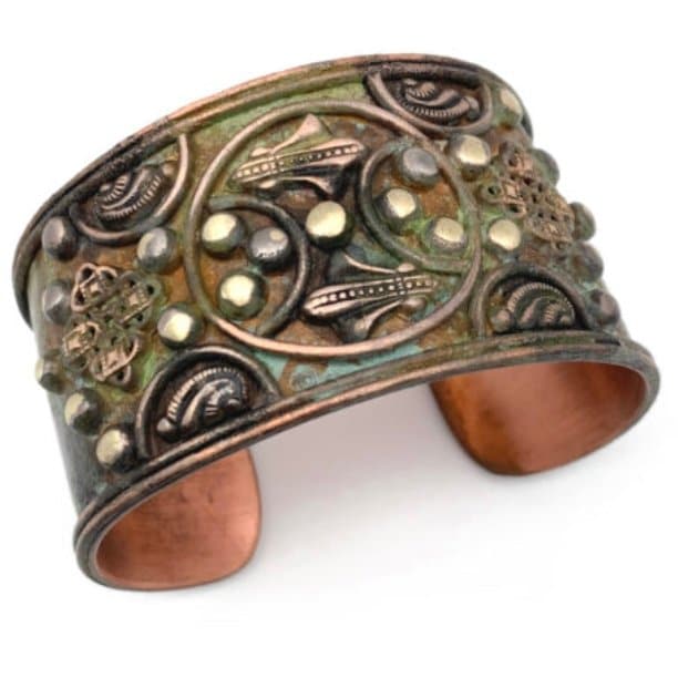 Anju Rivets and Filigree with Circles Green Patina Copper Cuff - HER Home Design Boutique