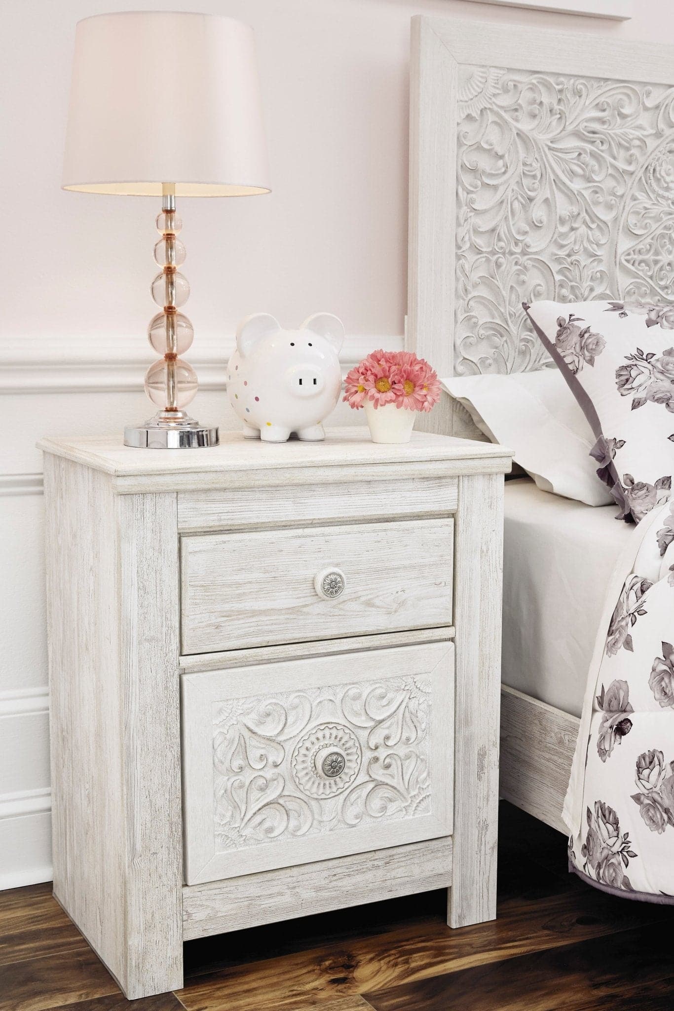 Carved Medallion Patterned Nightstand in Whitewash - HER Home Design Boutique