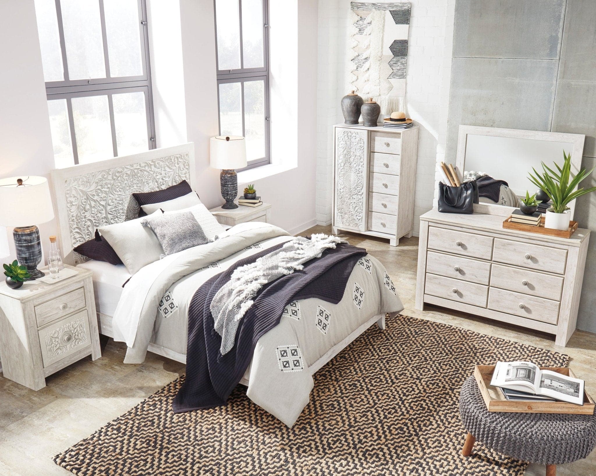 Carved Medallion Patterned Nightstand in Whitewash - HER Home Design Boutique