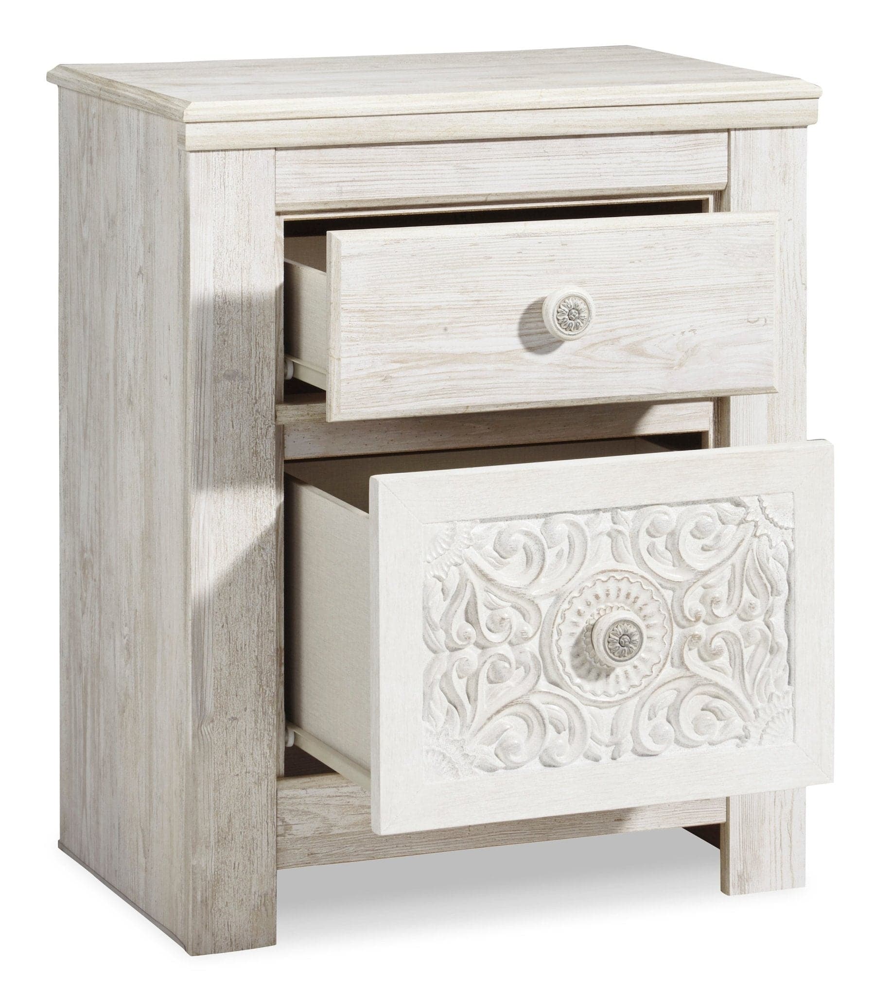 Carved Medallion Patterned Nightstand in Whitewash - HER Home Design Boutique