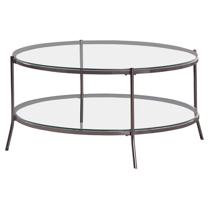 Glass Top Round Coffee Table in Black Nickel and Clear - HER Home Design Boutique