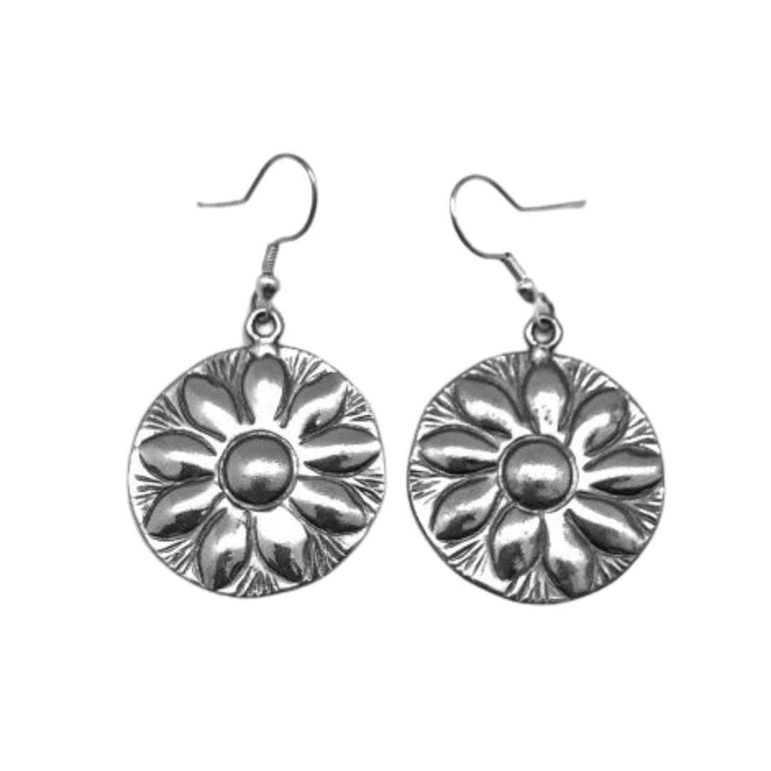 Kashi Antiqued Silver Plated Earrings Round - HER Home Design Boutique