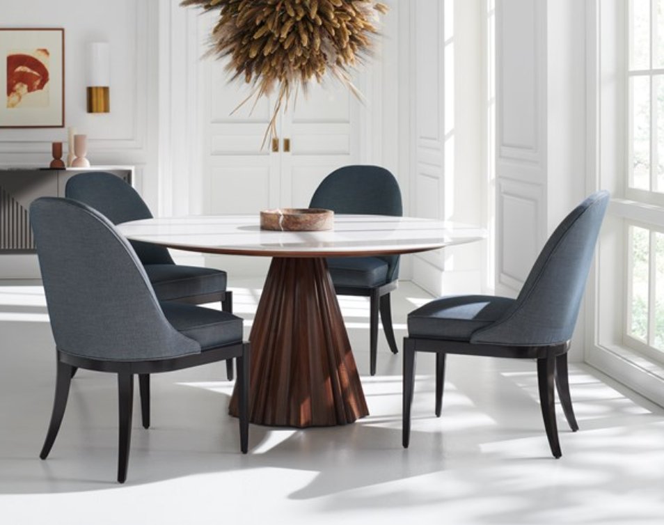 Mid Century Modern All Natural Walnut Dining Table with Marble Top - HER Home Design Boutique