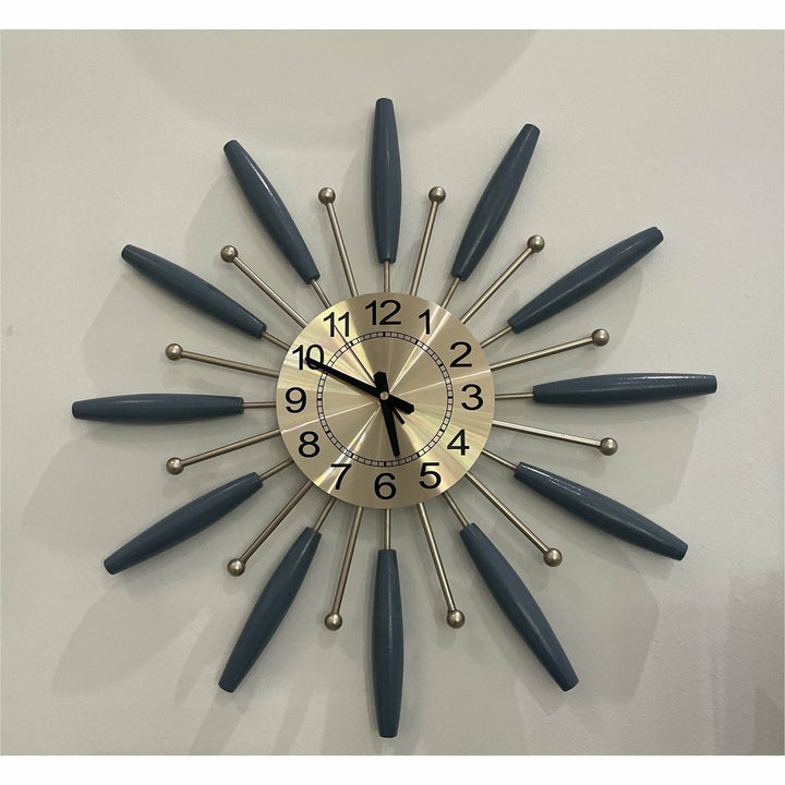 Mid Mod Blue and Gold Sunburst Clock - HER Home Design Boutique