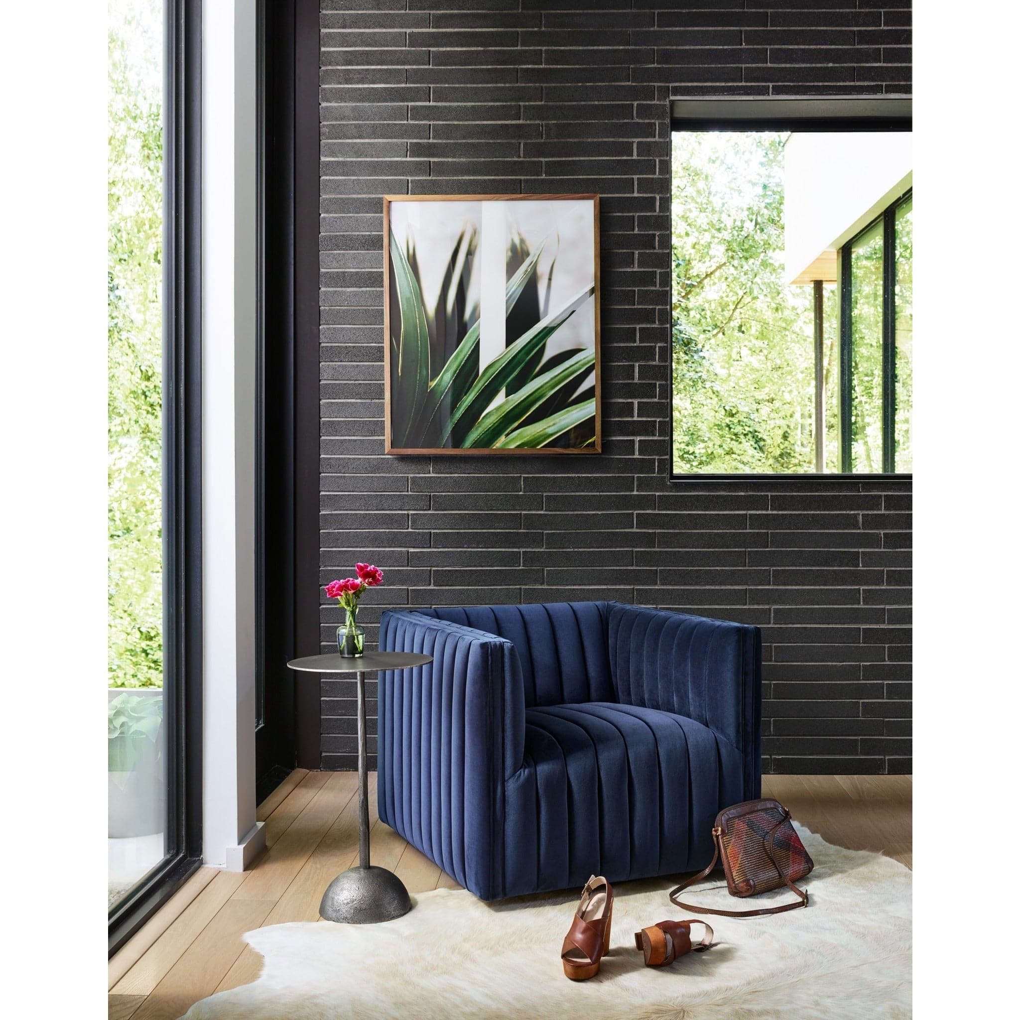 Modern Ribbed Swivel Chair in Sapphire Navy - HER Home Design Boutique