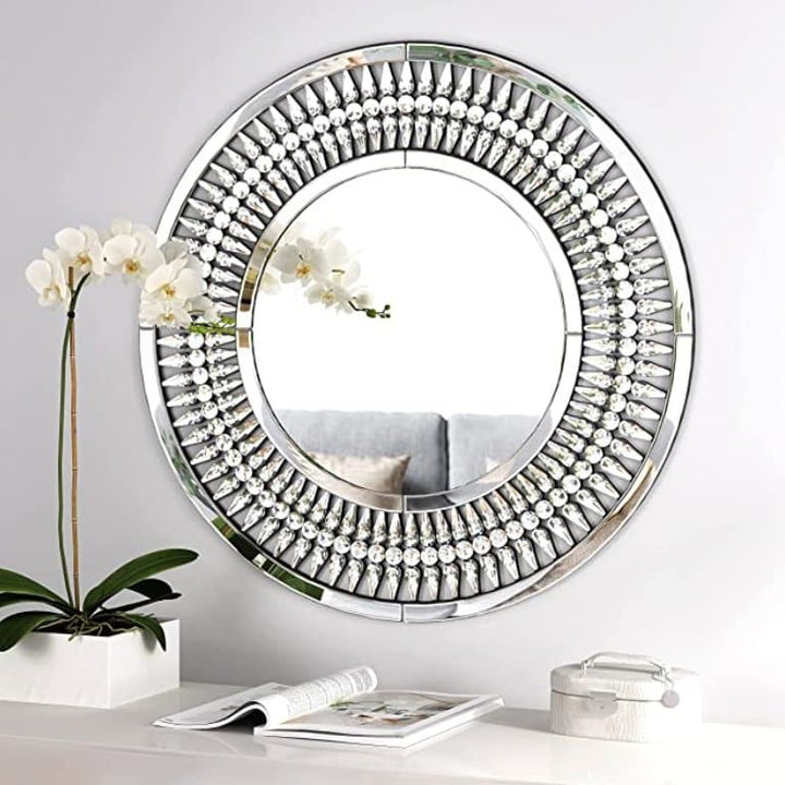 Round Crystal Jeweled Wall Mirror in Chrome - HER Home Design Boutique