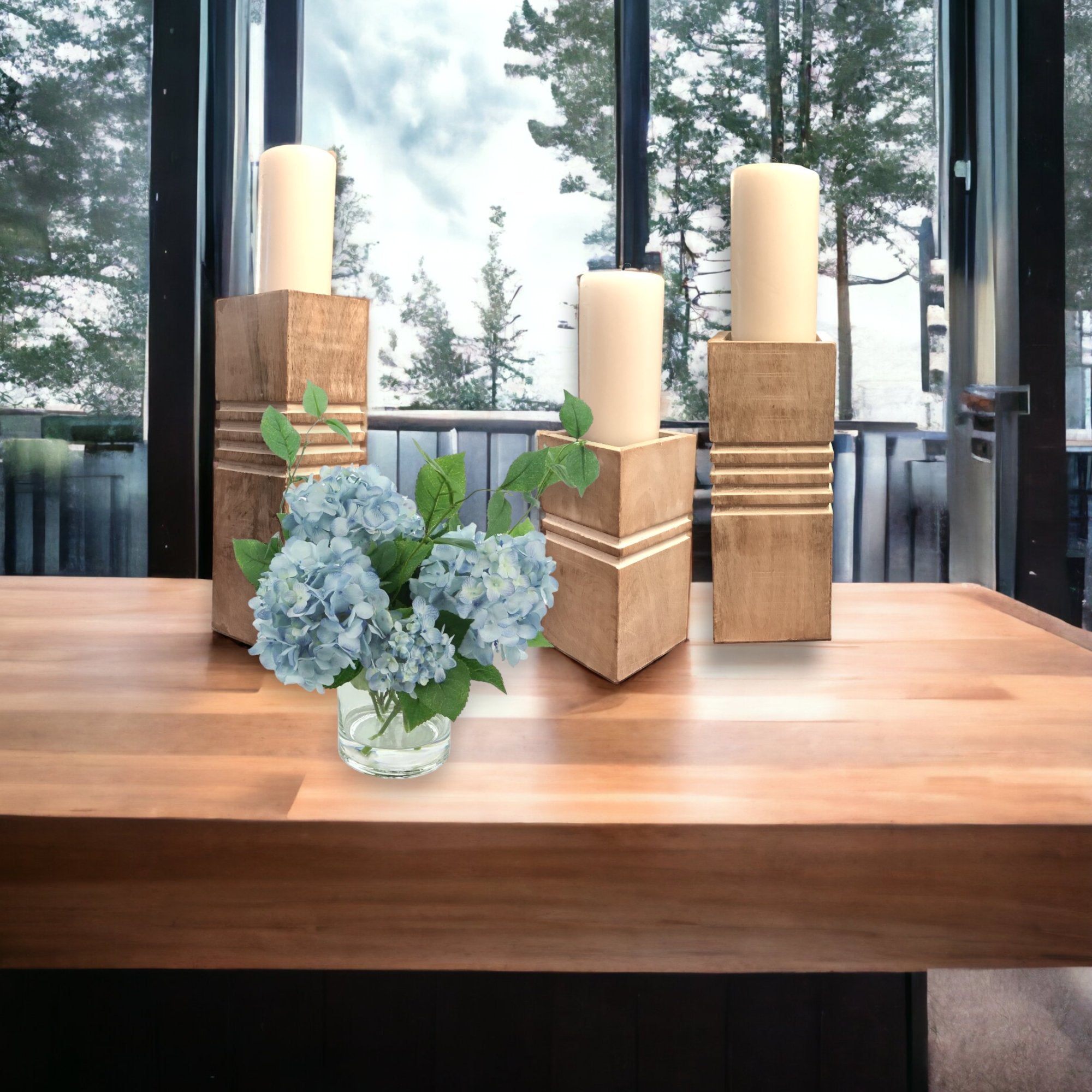 Set of 3 Mango Wood Cubic Pillar Candle Holders - HER Home Design Boutique