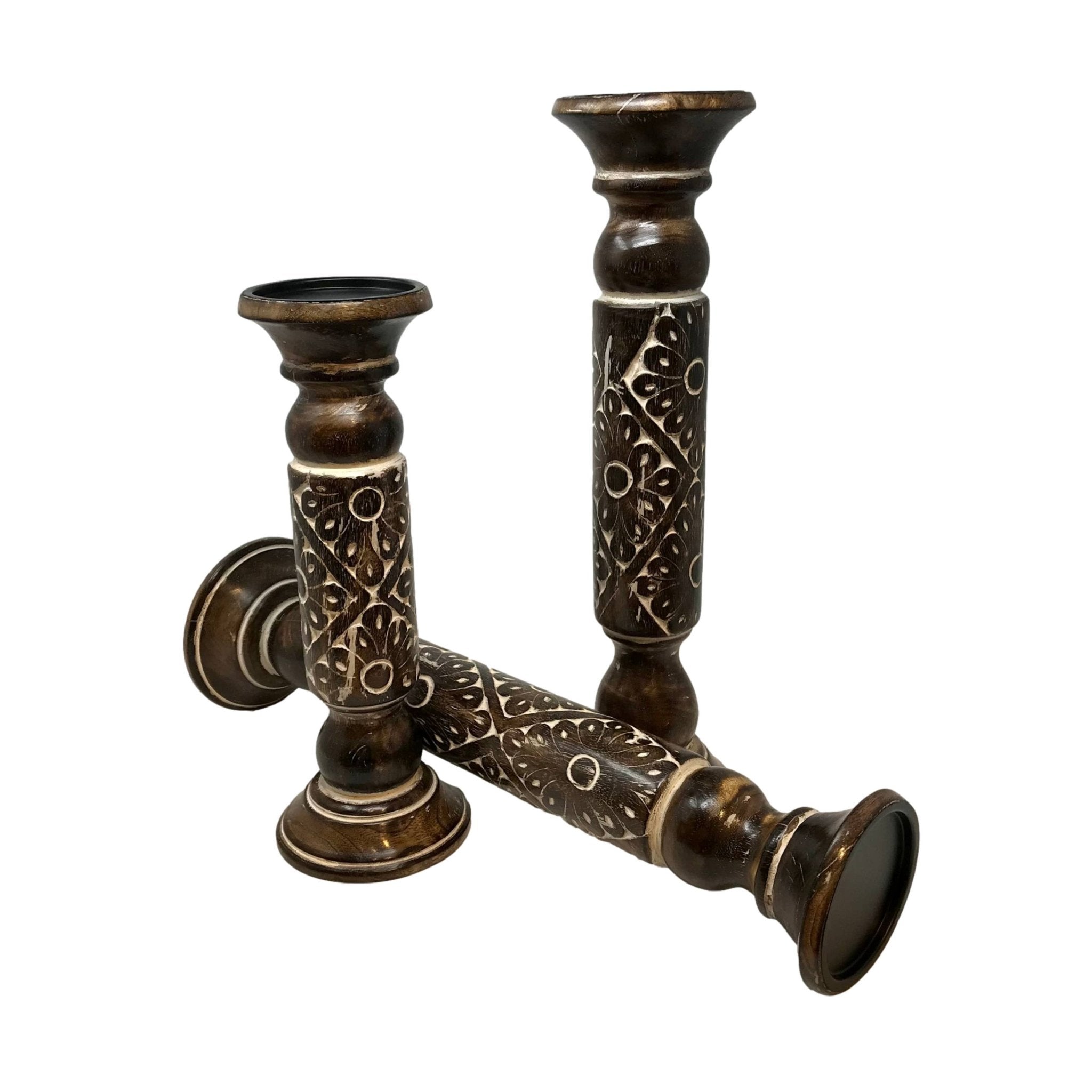 Solid Mango Wood Pillar Holiday Candleholders (Set of 3) - HER Home Design Boutique