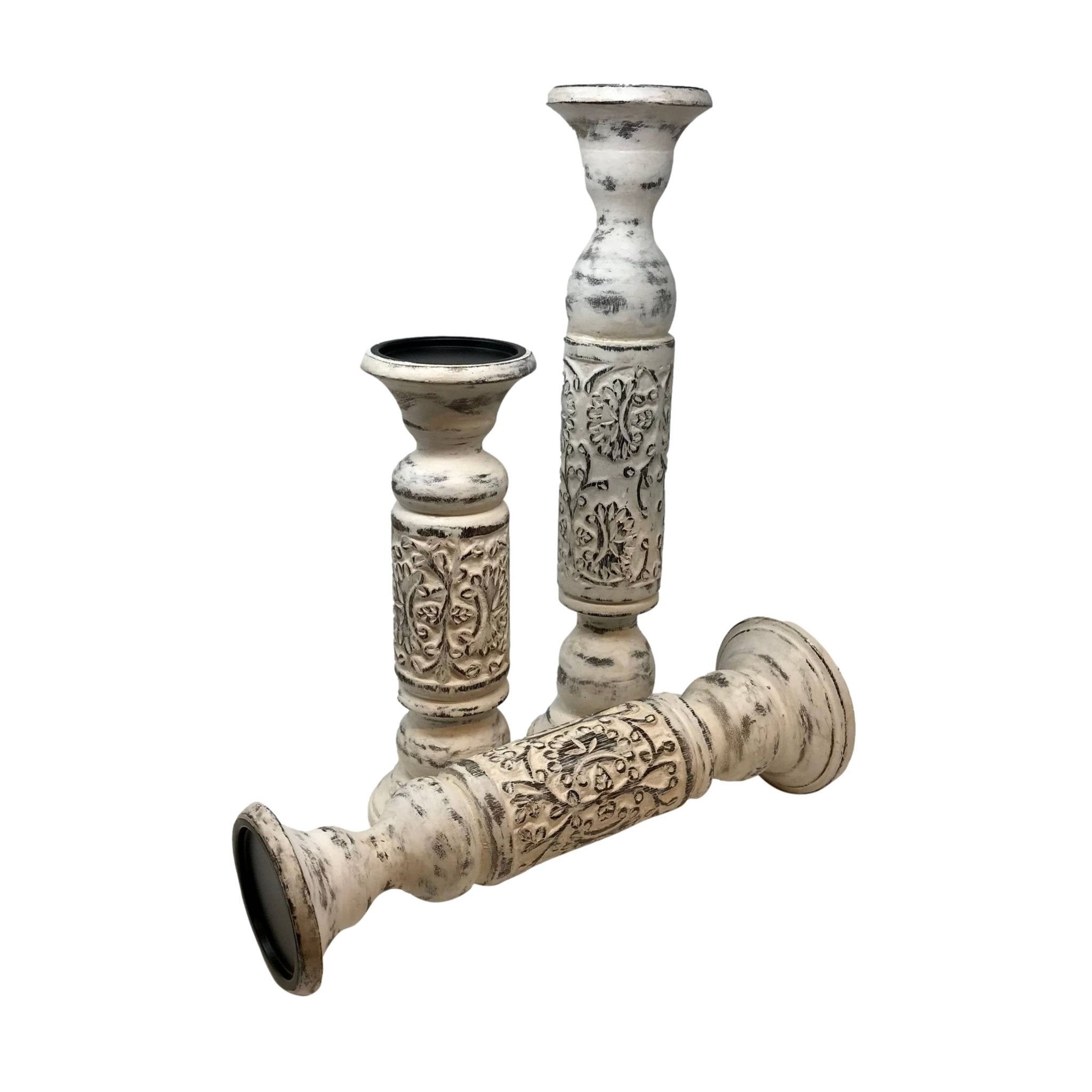 Solid Mango Wood Pillar Holiday Candleholders (Set of 3) - HER Home Design Boutique