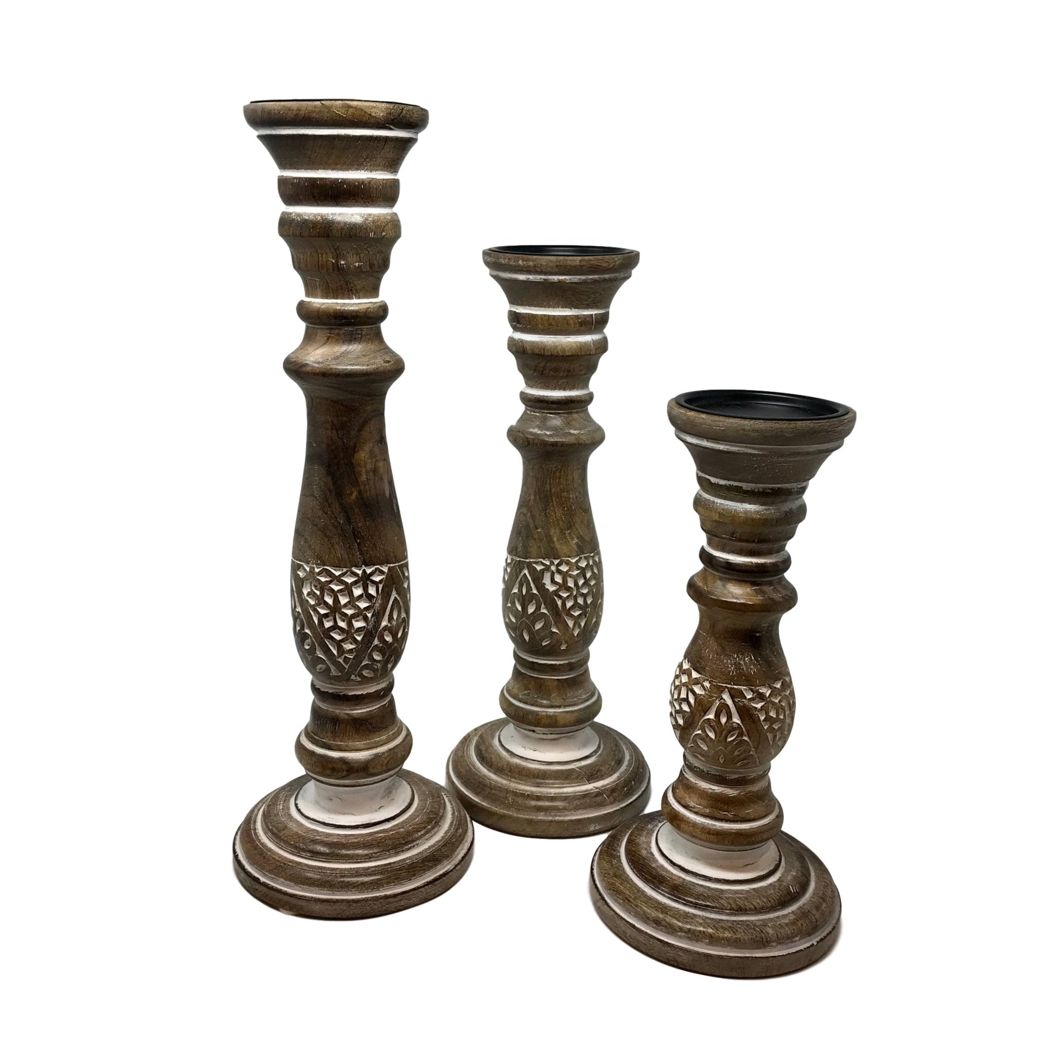 Solid Mango Wood Pillar Holiday Candleholders (Set of 3) - HER Home Design Boutique