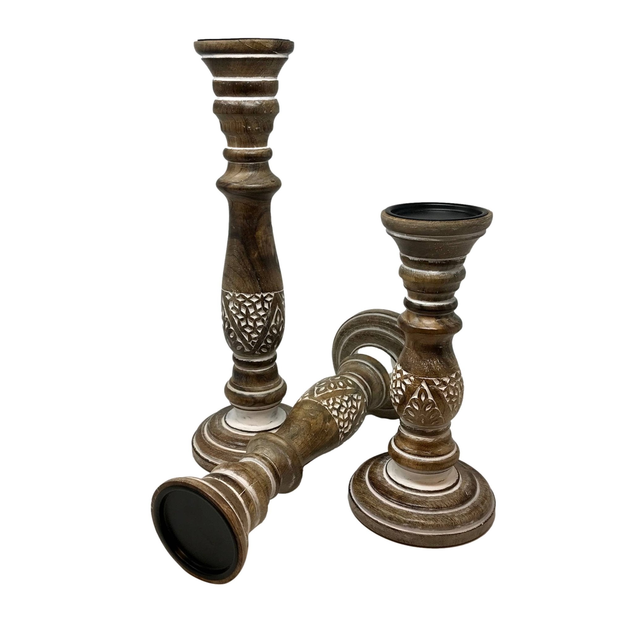 Solid Mango Wood Pillar Holiday Candleholders (Set of 3) - HER Home Design Boutique
