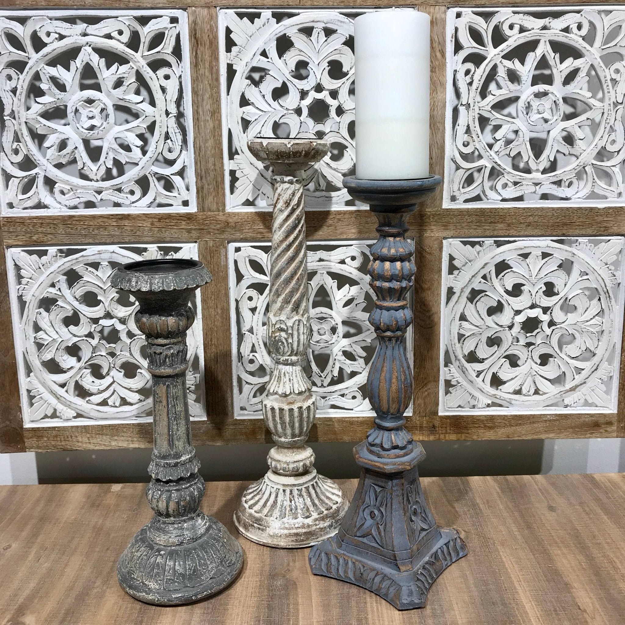 Solid Mango Wood Pillar Holiday Candleholders (Set of 3) - HER Home Design Boutique