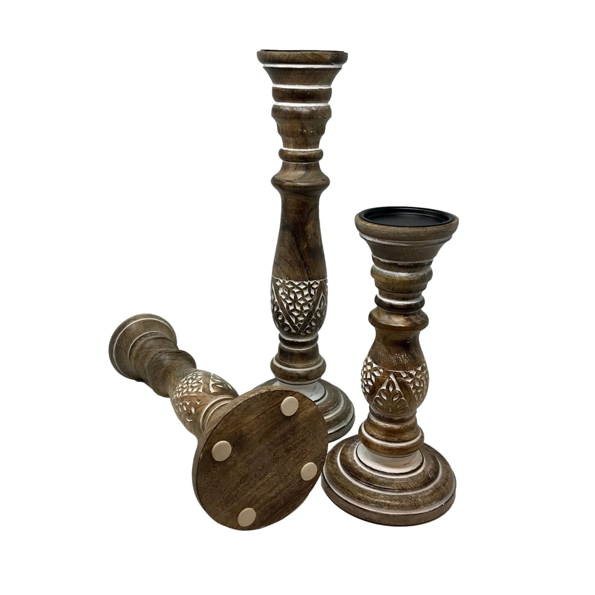 Solid Mango Wood Pillar Holiday Candleholders (Set of 3) - HER Home Design Boutique