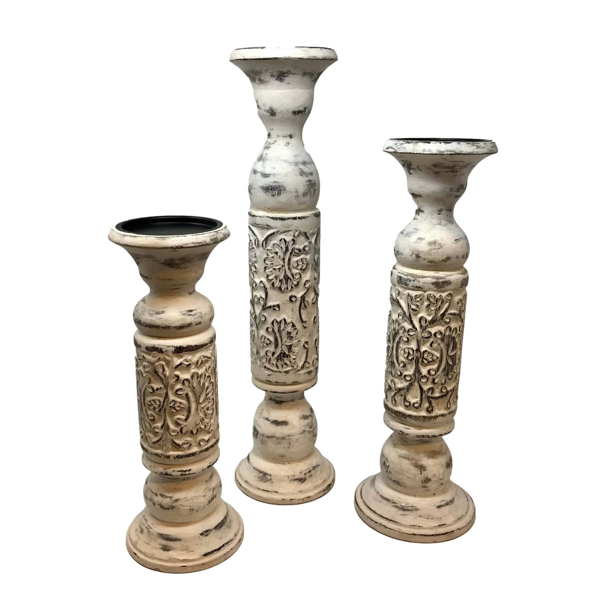 Solid Mango Wood Pillar Holiday Candleholders (Set of 3) - HER Home Design Boutique