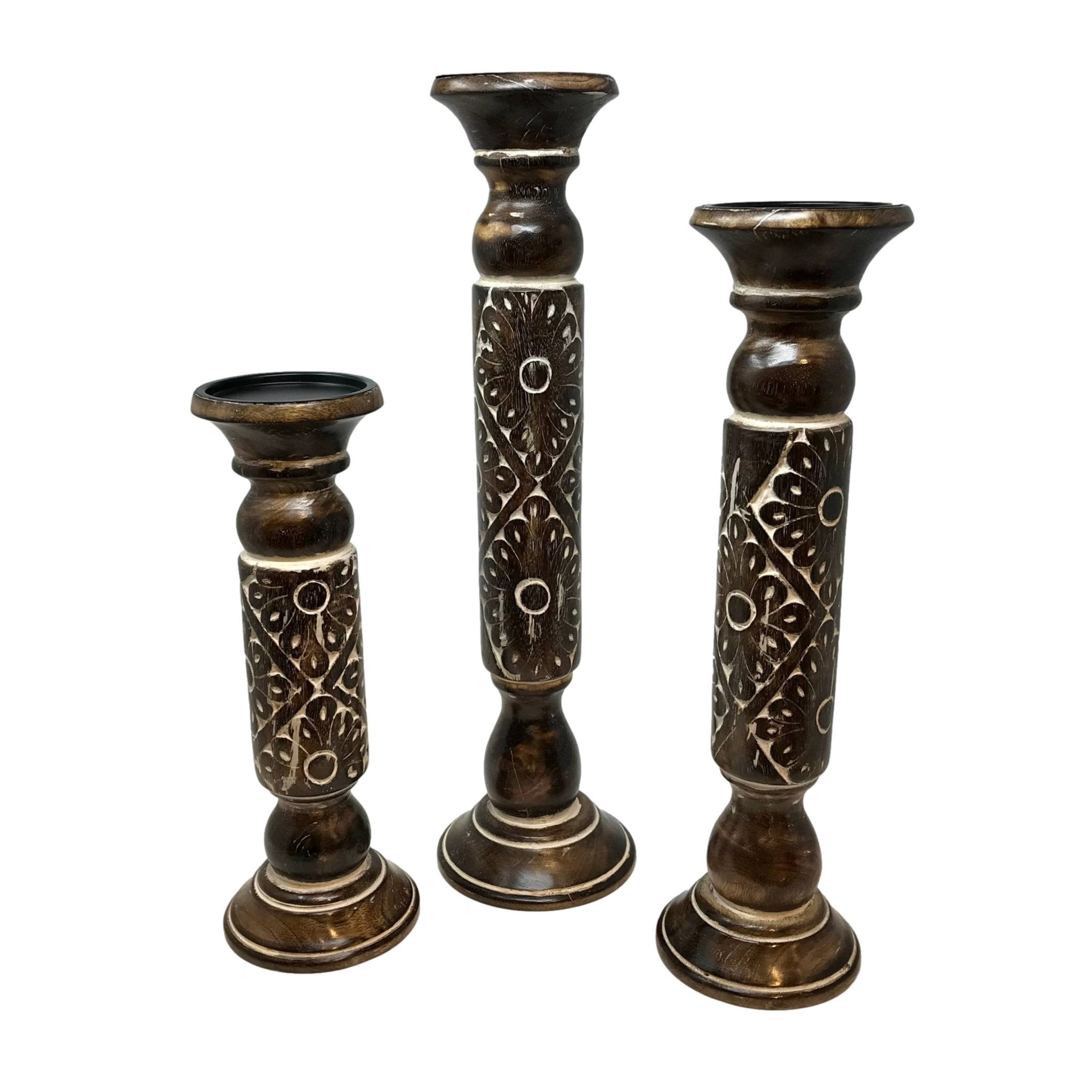 Solid Mango Wood Pillar Holiday Candleholders (Set of 3) - HER Home Design Boutique