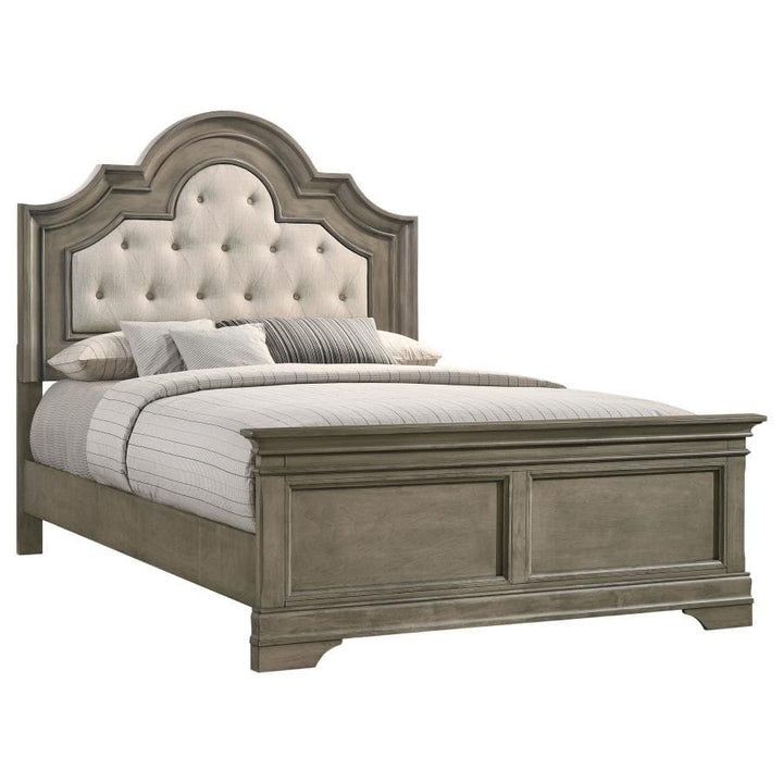 Traditional Bed with Wood and Tufted Upholstered Headboard in Beige and Wheat - HER Home Design Boutique