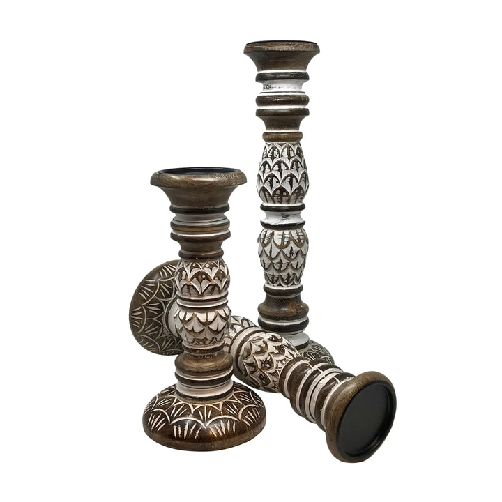 Traditional Engraved Artichoke Wooden Candle Holders (Set of 3) - HER Home Design Boutique