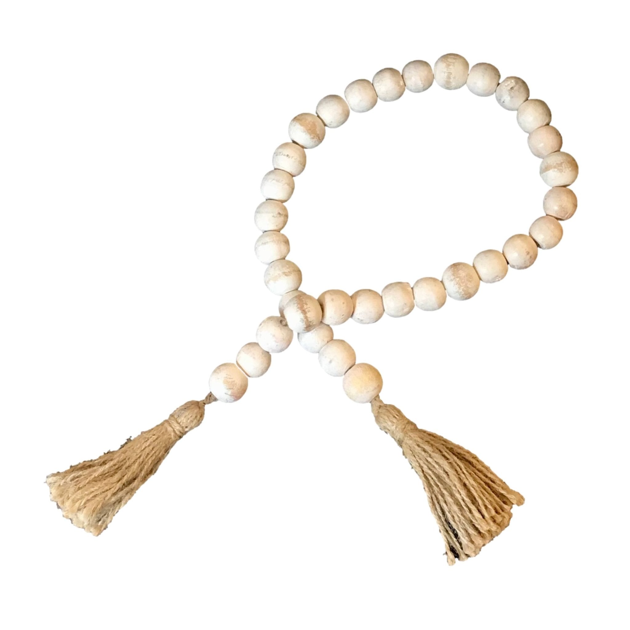 Wooden Boho Bead Garland with Natural Jute Tassels-Whitewash: White Washed - HER Home Design Boutique